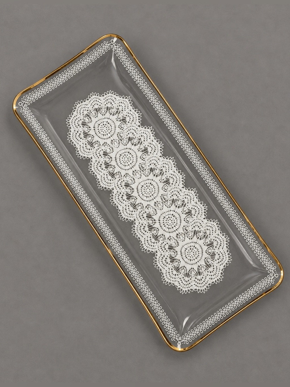 Crystal Clear Industries White Lace Gold Trim 13” Glass Tray Vintage